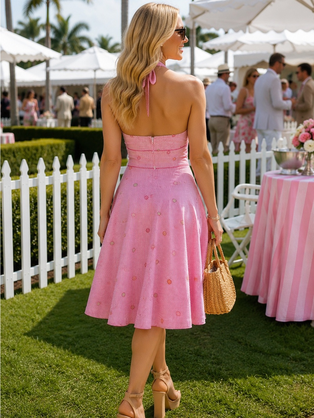 Vintage Lilly Pulitzer Pink Gingham Citrus Halter Dress Sz 0 Fit & Flare Resort - Picture 2 of 14